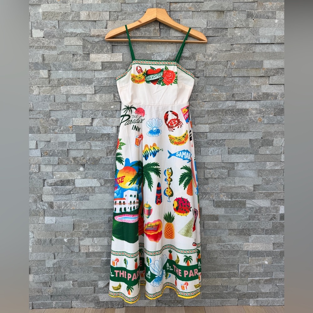 Tropical Print Maxi Sundress with Green Trim Small